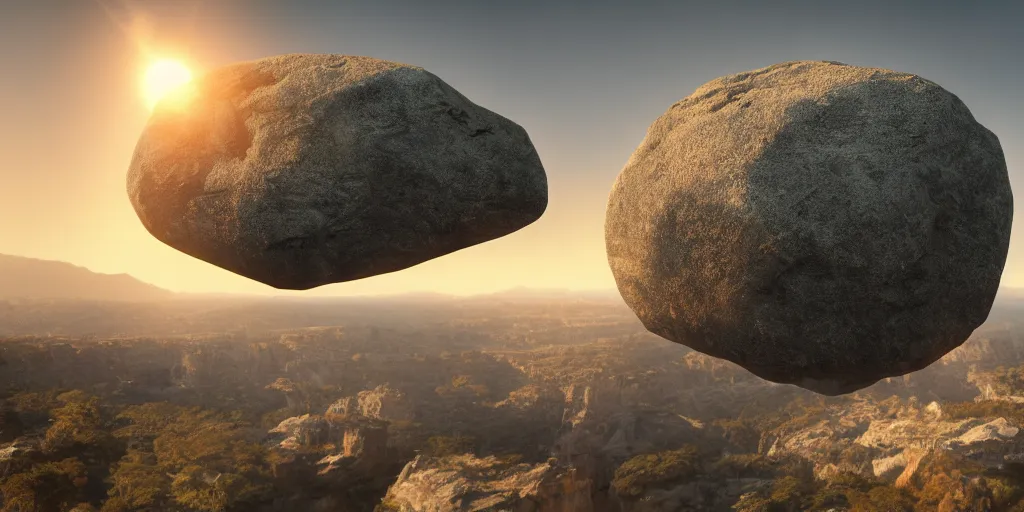 Image similar to hd photo of a giant stone suspended in mid air, high definition, detailed, atmospheric lighting, golden hour, scifi, 8K detail post-processing, artstation