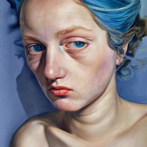 Image similar to high quality high detail painting by lucian freud, hd, blue hair beautiful girl portrait, photorealistic lighting