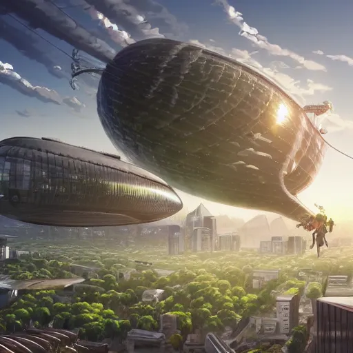 Prompt: giant cybernetic monkey scaling a skyscraper beanstalk surrounded by fighter blimps, concept art