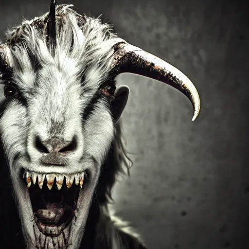 Image similar to horror photography, cinematic, moody, screeching mutant goat monster with a mouth crammed full of sharp teeth and filthy matted fur