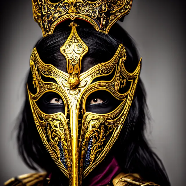 Prompt: portrait photo of a female warrior with ornate venetian mask highly detailed, 4 k, hdr, close up, portrait, smooth, sharp focus, high resolution, award - winning photo