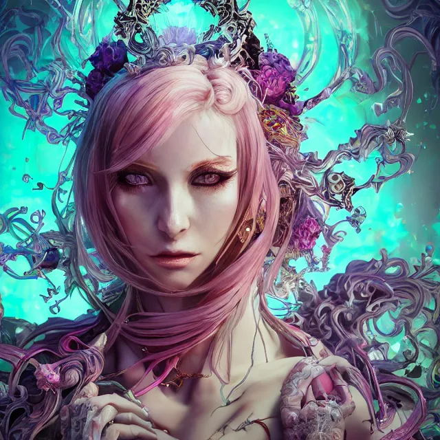 Image similar to the portrait of chaotic evil sensual female necromancer overlord as absurdly beautiful, gorgeous, elegant, corrupted young idol, an ultrafine hyperdetailed illustration by kim jung gi, irakli nadar, intricate linework, bright colors, octopath traveler, final fantasy, unreal engine 5 highly rendered, global illumination, radiant light, detailed and intricate environment