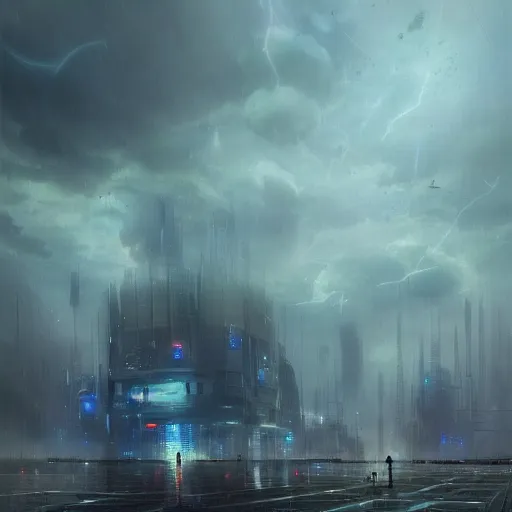 Image similar to concept art of a futuristic city near to a big lake by greg rutkowski, storm clouds, nostalgic, very very very beautiful art, cinematic lighting, romanticism by goya, bright pastel color, blue sky