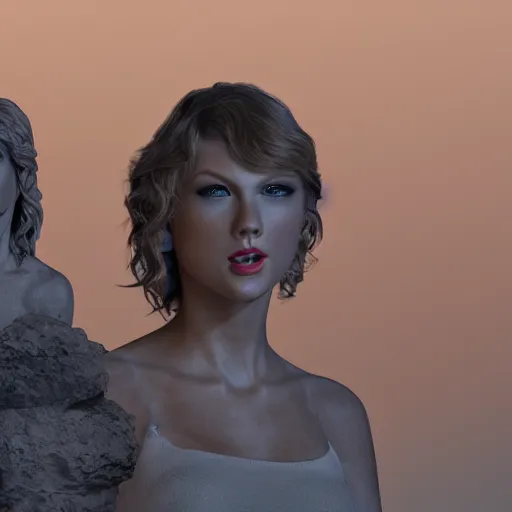 Prompt: photorealistic stone sculpture of taylor swift and a stone sculpture of harry styles on top of a mountain. hyperdetailed photorealism, 1 0 8 megapixels, amazing depth, high resolution, 3 d shading, 3 d finalrender, 3 d cinematic lighting, glowing rich colors, psychedelic overtones, artstation concept art