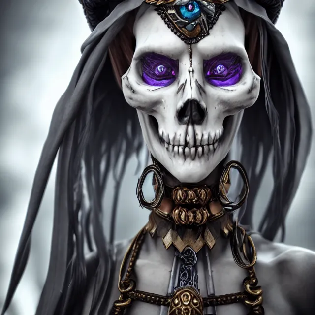 Image similar to perfectly centered close up portrait, skelton mage goddess, candid photography, by anne stokes, highly detailed, character concept, unreal engine 5