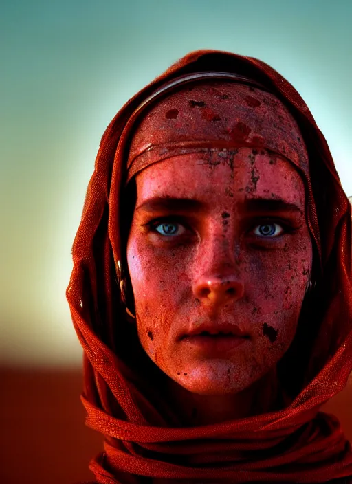 Image similar to cinestill 5 0 d candid photographic portrait by steve mccurry of loving female androids wearing rugged black mesh techwear on a desolate plain with a red sky, extreme closeup, modern cyberpunk, dust storm, 8 k, hd, high resolution, 3 5 mm, f / 3 2, ultra realistic faces, ex machina