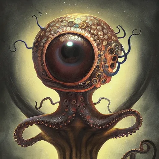 Image similar to queen octopus with a giant eyeball pearl head by Anato Finnstark, Tom Bagshaw, Brom