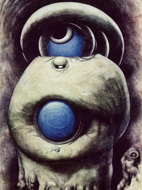 Prompt: one-eyed single-eyed blue-skinned Cyclops Polyphemus concept art with one huge eye. Extremely high detail, details, realistic, solo, masterpiece, colorful, art by Arthur Rackham, Muzinabu, Johann Tischbein, Zdzisław Beksiński