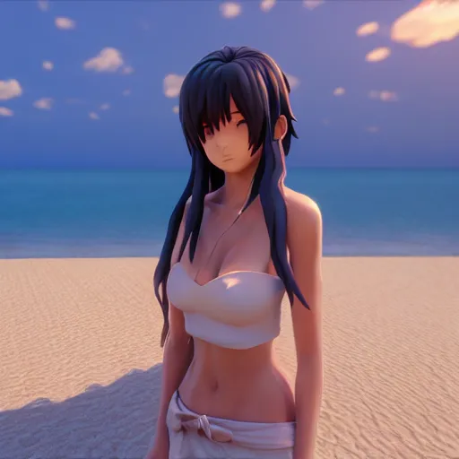 Image similar to Render of a 3d Ryougi Shiki, full round face, golden hour, serene beach setting, medium shot, mid-shot, highly detailed, trending on Artstation, Unreal Engine 4k