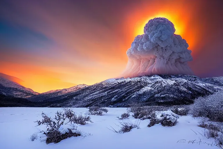 Prompt: amazing landscape photo of nuclear explosion in snowy mountains at sunset by marc adamus beautiful dramatic lighting