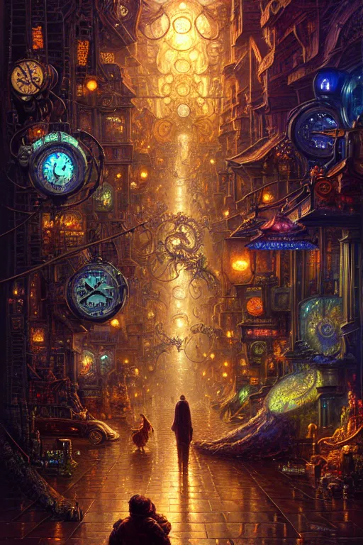 Prompt: intricate Producer Michael clocks james gurney, dan luvisi, Petros Afshar, tim hildebrandt, liam wong, Mark Riddick, thomas kinkade, ernst haeckel, dan mumford, trending on artstation, josephine wall, WLOP, cgsociety by Gediminas Pranckevicius, trending on cgsociety and DeviantArt