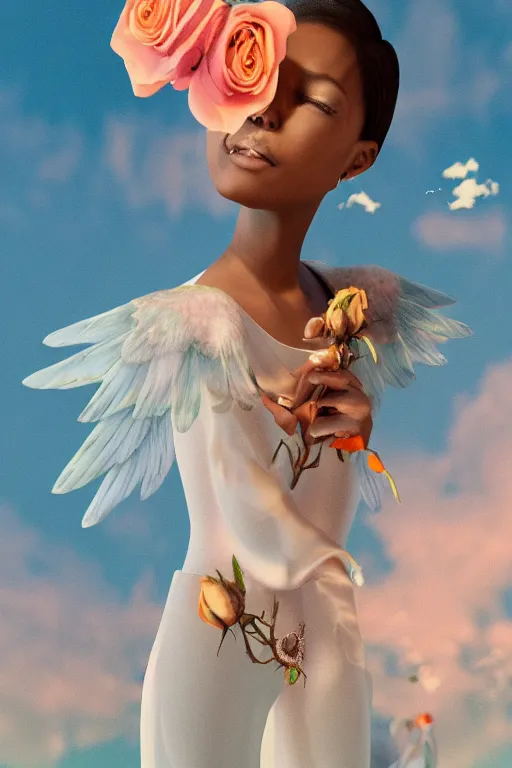 Image similar to milky crystal quartz eyeballs with wings. peach roses, background heavenly sky by basquiat, Trending on artstation. halo. octane render, cinematic, hyper realism, octane render, 8k, depth of field, 3D