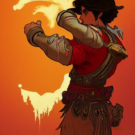 Prompt: an ultra detailed vector image of mario dressed as the prince of persia, concept art by alphonse mucha and greg rutkowski, bright red desert sands, bright yellow and red sun, octane render, liminal space