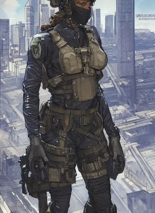 Image similar to Dinah. USN special forces operator looking at city skyline. Futuristic stealth suit. mgs and rb6s Concept art by James Gurney, Alphonso Mucha, matt rhodes, and Sam Hogg.