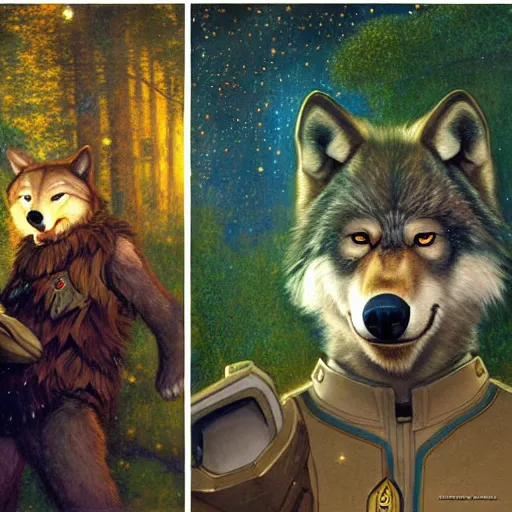 Image similar to a portrait of a male wolf bear in starfleet uniform at night in a dark forest. zootopia fursona furaffinity furry art detailed face painting by gaston bussiere craig mullins jc leyendecker gustav klimt artgerm greg rutkowski furry