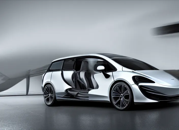 Prompt: a minivan designed by mclaren automotive, highly detailed, 8 k, sharp focus, depth of field, finely detailed car, high contrast, concept art, unreal engine