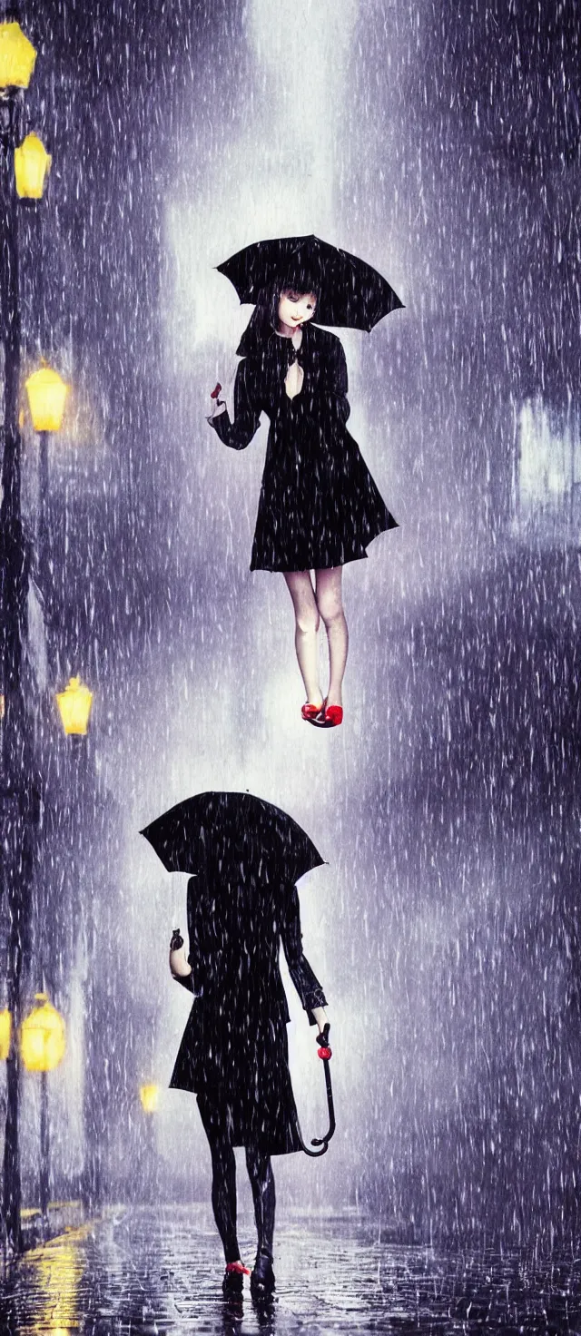 Prompt: lonely girl with umbrella on the wet road, rain, thunder, fog, night street, anime style