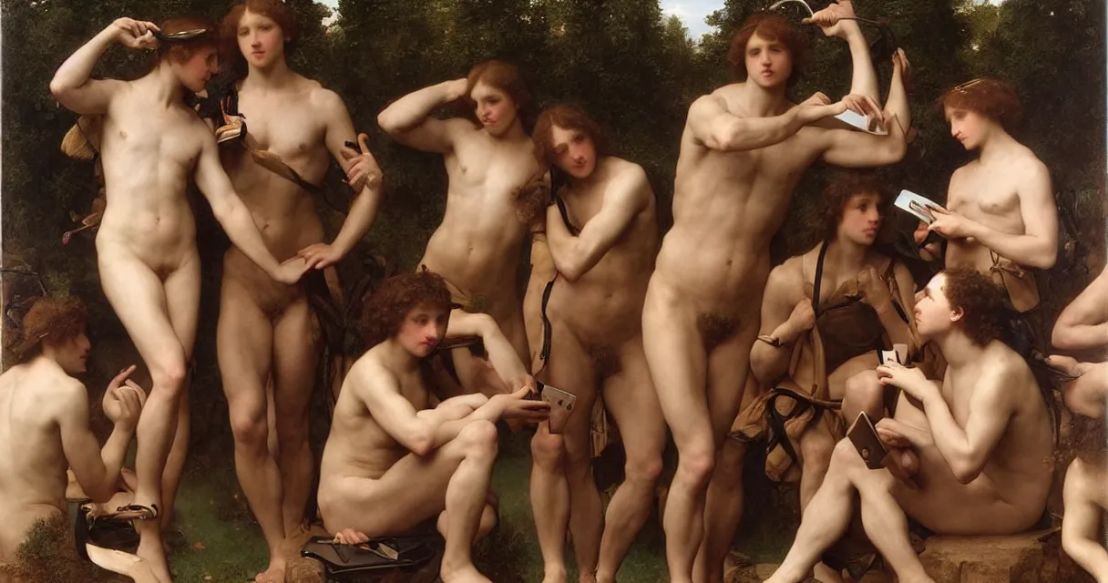 Prompt: large group of pre-Raphaelite muscular athletic male wearing headset siting and working on macbook Bouguereau and raphael