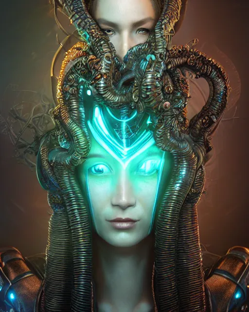Prompt: ultradetailed realistic RPG cosplay airbrushed digital art portrait-illustration of a beautiful symmetrical lovecraftian Medusa wearing cyberpunk clothes and a reflective armor with decorum!!!!!! standing next to bioluminiscent otherworldly sci-fi towers in a three quarters pose, epic poster art, 3D rim light, octane render, artstationHQ.