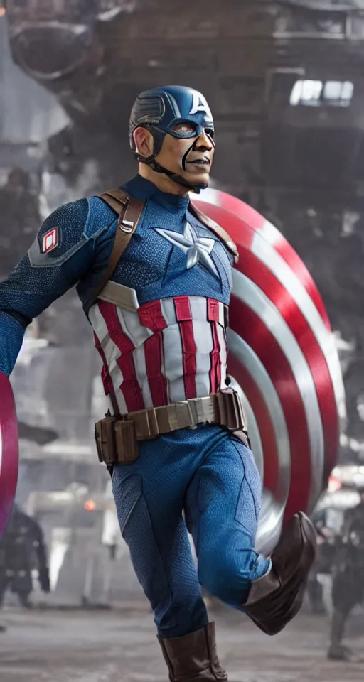 Image similar to Obama as Captain America in the Avengers, final epic scene, closeup still