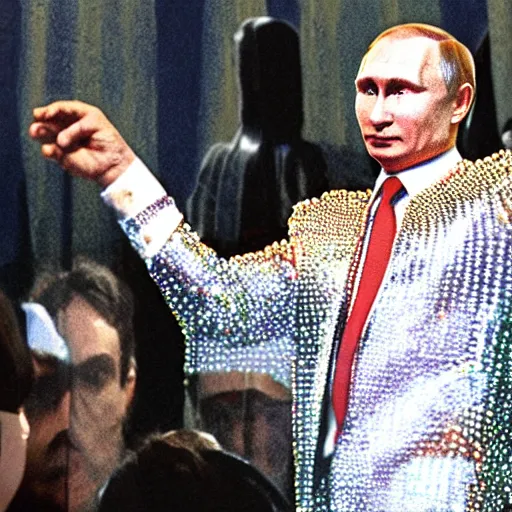 Image similar to Putin wearing a disco suit in Saturday Night Fever