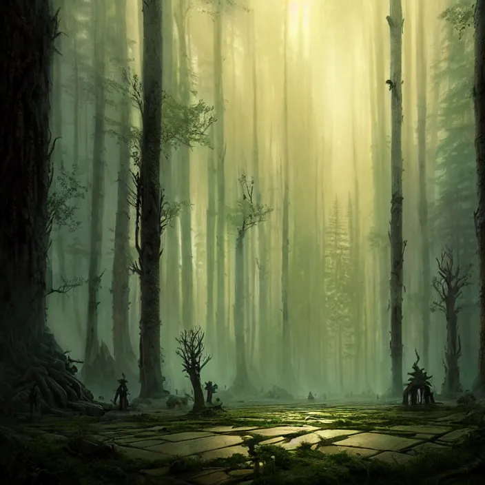 Image similar to the forest council, gods, environment, illustration, symmetrical, smoky, unreal engine, colors, epic scene, fantasy art by greg rutkowski, octane redner, golden raito, high quality, intricate details, highly details, intricate, atmosphere, highly detailed, matte painting, cinematic, deviantart, realistic, concept art, 4 k