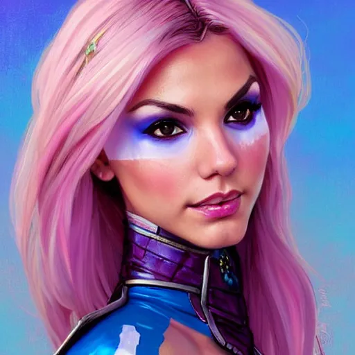 Image similar to Victoria Justice with pink and blonde hair and blue eyes as Gwenpool, western, D&D, fantasy, intricate, elegant, highly detailed, digital painting, artstation, concept art, matte, sharp focus, illustration, art by Artgerm and Greg Rutkowski and Alphonse Mucha