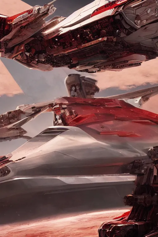 Image similar to professional photograph of a beautiful neo - futuristic simplified symmetrical mecha spacecraft docked in desert by ilm, denis villeneuve, emmanuel shiu, zaha hadid, vapor, cinematic architectural scale, red paint detail, manga, dramatic, volumetric, concept art, hard surface, hyperrealism, high detail, trending on artstation, sharp focus, rendered in octane