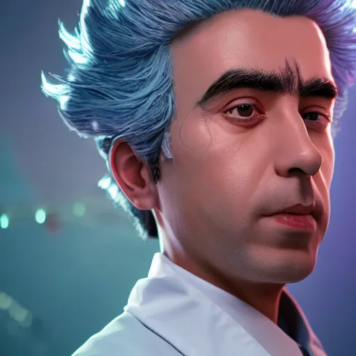 Image similar to portrait art of rick sanchez, lab coat, unibrow, 8 k ultra realistic, lens flare, atmosphere, glow, detailed, intricate, full of colour, cinematic lighting, trending on artstation, 4 k, hyperrealistic, focused, extreme details, unreal engine 5, cinematic, masterpiece