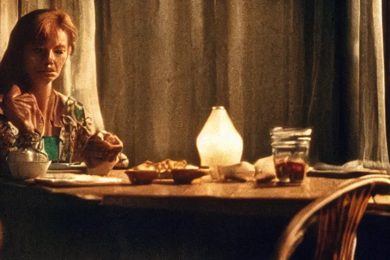 Image similar to soviet movie still a soviet woman sitting at a table next to the window with food, dark warm light, a character portrait by margarita terekhova, movie stalker solaris film still by andrei tarkovsky, 8 k, 1 9 8 4, close - up bokeh, gelios lens, color, noir