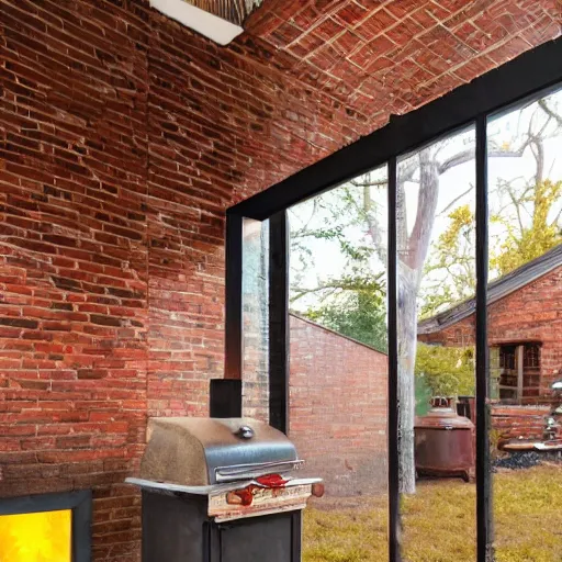 Image similar to wood fired bbq, brick construction, cosy, warm, yellow brick, artistic rendering 8k