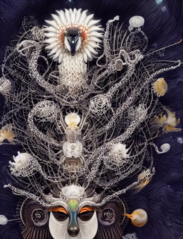 Image similar to goddess macro close - up portrait with crown and mask made of ram skull. beautiful intricately detailed japanese crow kitsune mask and clasical japanese kimono. betta fish, jellyfish phoenix, bioluminescent, plasma, ice, water, wind, creature, artwork by tooth wu and wlop and beeple and greg rutkowski