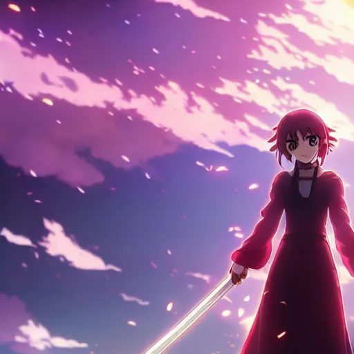 Image similar to emma watson in heavens feel movie, demon slayer, ufotable, kyoani, high quality, key visual, cinematic, city background, night time, rooftop, fate stay night, unlimited blade works, greg rutkowski, extreme close up, rin outfit, anime, high angle, high budget