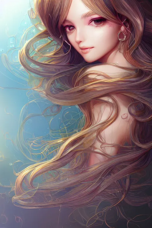 Prompt: intricate, richly detailed colored 3 d illustration of a beautiful ornated cute woman with long metallic gem hair background with completely rendered reflections, art by range murata and artgerm highly detailed, digital painting, trending on artstation