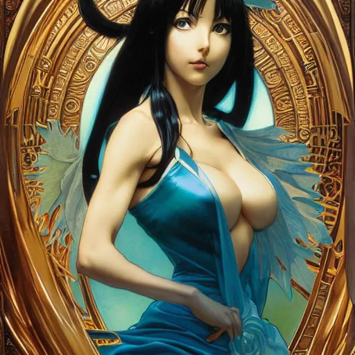 Image similar to highly detailed vfx portrait of nico robin by eiichiro oda!, makoto shinkai, alphonse mucha, msterpriece, art by artgerm and greg rutkowski!, blue eyes!!, large aquiline nose!!, gaston bussiere, stanley kubrick, kaoru mori, intricately detailed, behance, 4 k, hdr