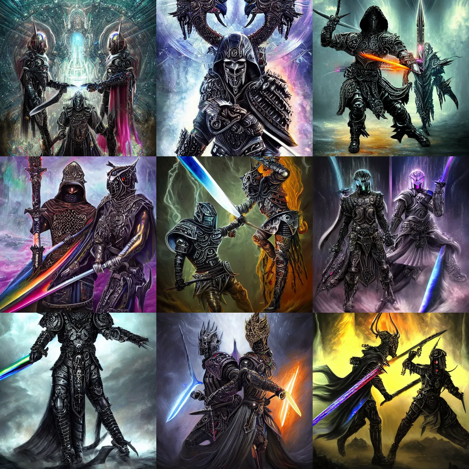 Prompt: Thunderous sword clash of two powerful opposing fighting stance opposite iridescent ornate cloaked hooded warrior technology gods who hate one another, dark gritty realistic highly detailed intricate artistic award winning digital oil painting, partially cybernetic dark entity gods made of future technology brandishing cosmic smoking iridescent weaponry, crystal armor, intricate, ornate, black armor with hints of rainbow and gothic influence, smooth oil painting, muted realistic colors, epic megastructure space scene background, super intricate, galactic, moody colors, realistic, real colors, moody, ominous, dangerous aura, microchips, crystallic, iridescent, lasers, gems, multicolored glints, precious elements, beautiful, detailed, concept art, render, unreal engine, 4K, artstation