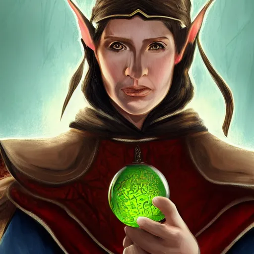 Prompt: a half elf dnd chracter portrait holding a glass ball 4k digital painting