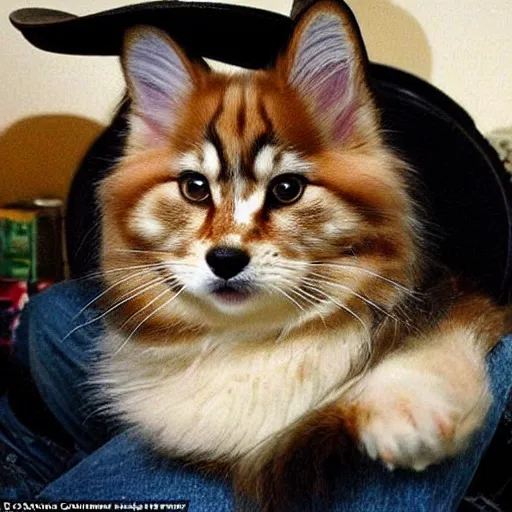 Image similar to siberian cat in a cowboy hat riding a corgi, wild west, sunset. no dude, for real, i want a siberian felis catus wearing a cowboy hat, riding a corgi canis!!!! i dont want any images of corgi - cat hybrids, dogs riding dogs or girls!!!!