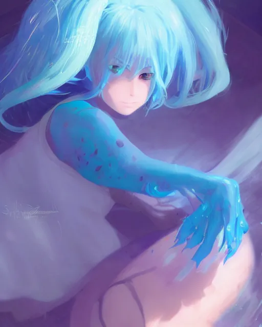 Prompt: a blue slime monster girl, full shot, atmospheric lighting, detailed face, by makoto shinkai, stanley artgerm lau, wlop, rossdraws