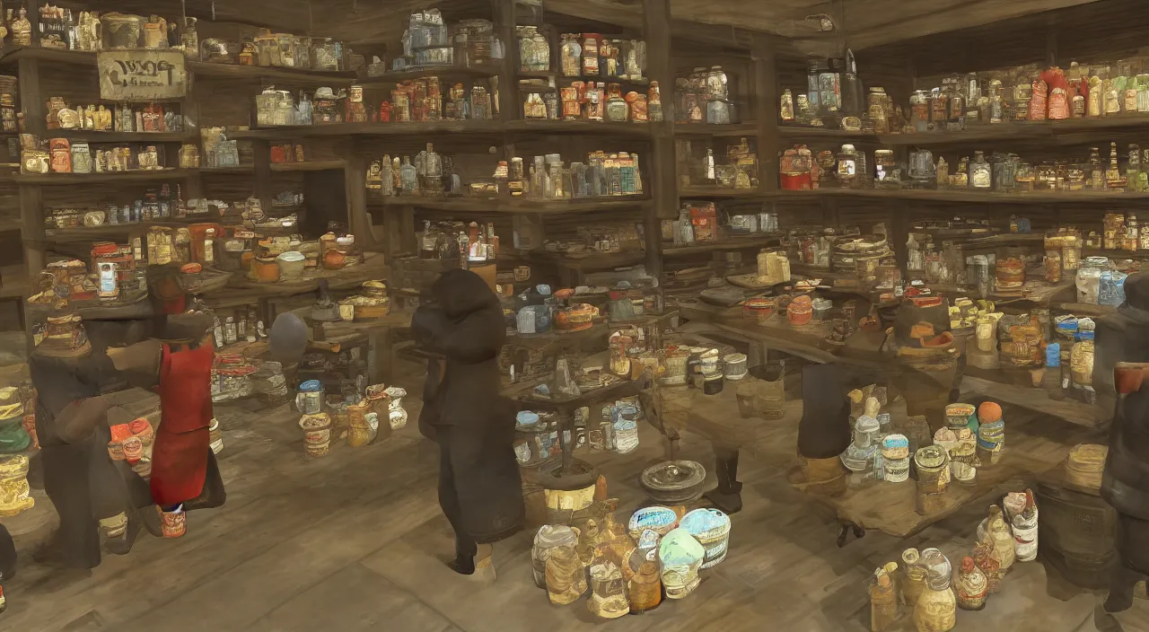 Image similar to A shopkeeper selling canteens, new vegas style