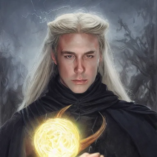 Image similar to Young, handsome wizard with a blonde ponytail wearing exquisite black robes, a spider cloak and wielding a legendary staff of light, fantasy D&D character, portrait art by Donato Giancola and Bayard Wu, digital art, trending on artstation, 4k