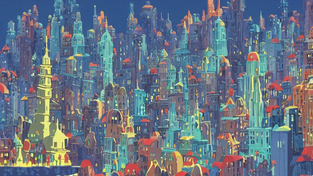 Prompt: city with buildings made entirely of decorated cakes, icing, gouache, ghibli animated film, stylised, illustration, by eyvind earle, scott wills, genndy tartakovski