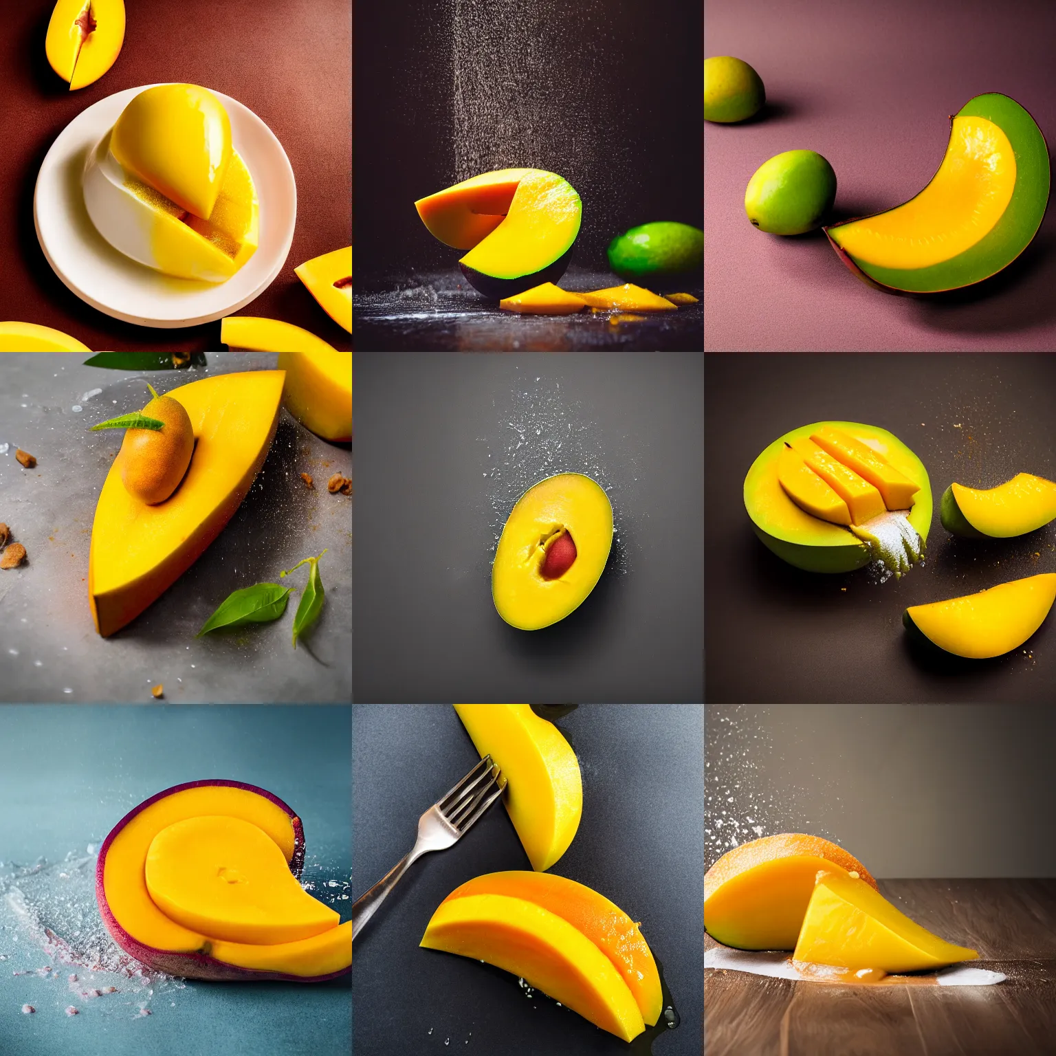 Prompt: a mango split in half with juice splashing out, food photography, centered, bokeh, studio lighting, advertisement