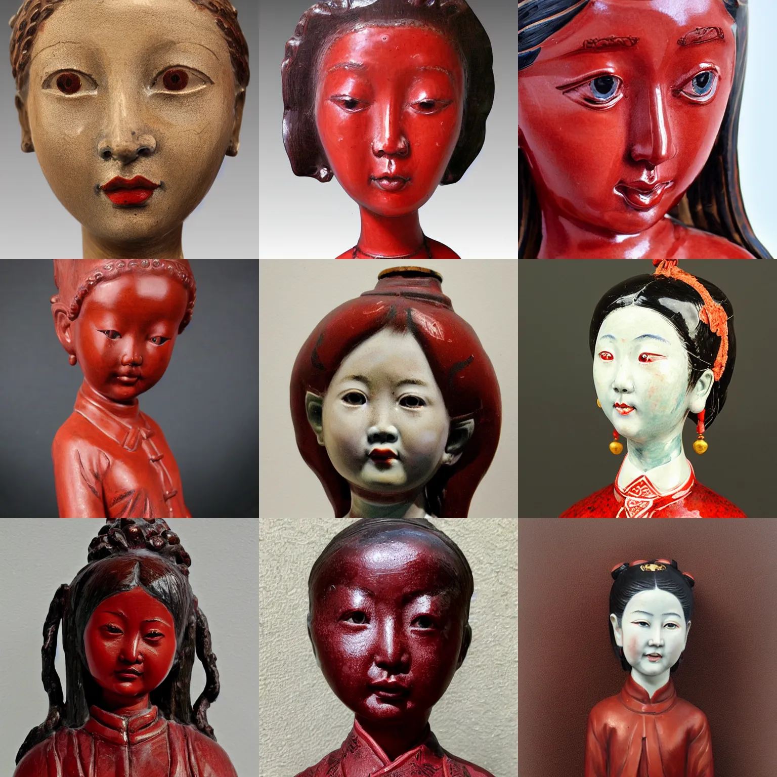 Prompt: portrait of girl statue made from chinese porcelain brush face hand painted with iron red dragons