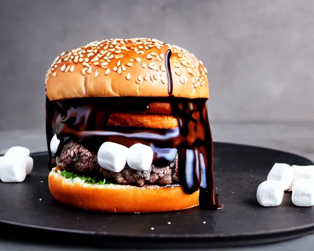 Prompt: dslr food photograph of burger with marshmallows in it, chocolate sauce, 8 5 mm f 1. 4