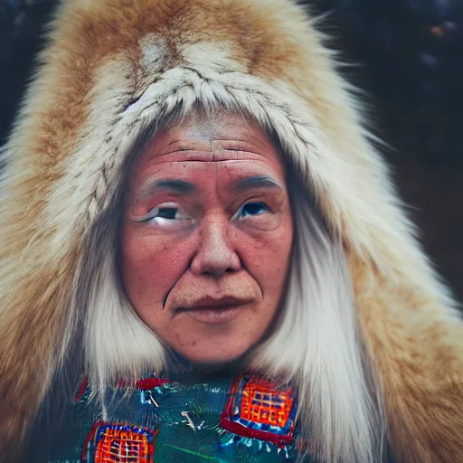 Image similar to ethnographic portraiture photograph of an extremely beautiful!!!! young blonde woman with symmetric face. wearing traditional greenlandic national dress. in front of her house. petzval lens. shallow depth of field. on flickr, award winning. national geographic