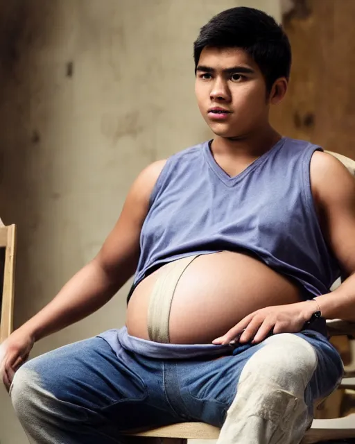 Image similar to Young male Filipino protagonist wearing a loose sleeveless shirt and a big pregnant belly sitting on a chair, ultrarealistic, 8k
