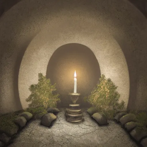 Prompt: underground cavernous necropolis with a candle illuminating it, digital painting, soft lighting, brown tint, gloomy, photorealistic