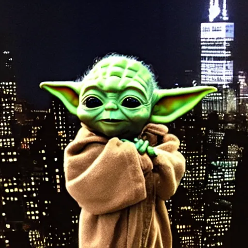 Prompt: baby yoda on top of a skyscraper in New York city at night, looking down