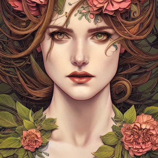 Image similar to a beautiful detailed front view portrait of a woman with ornate growing around, ornamentation, flowers, elegant, beautifully lit, artgerm, joshua middleton comic cover art,